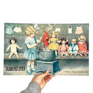 Vintage Diamond Dyes "A Busy Day in Dollville" Metal Sign - made in the USA 🇺🇸